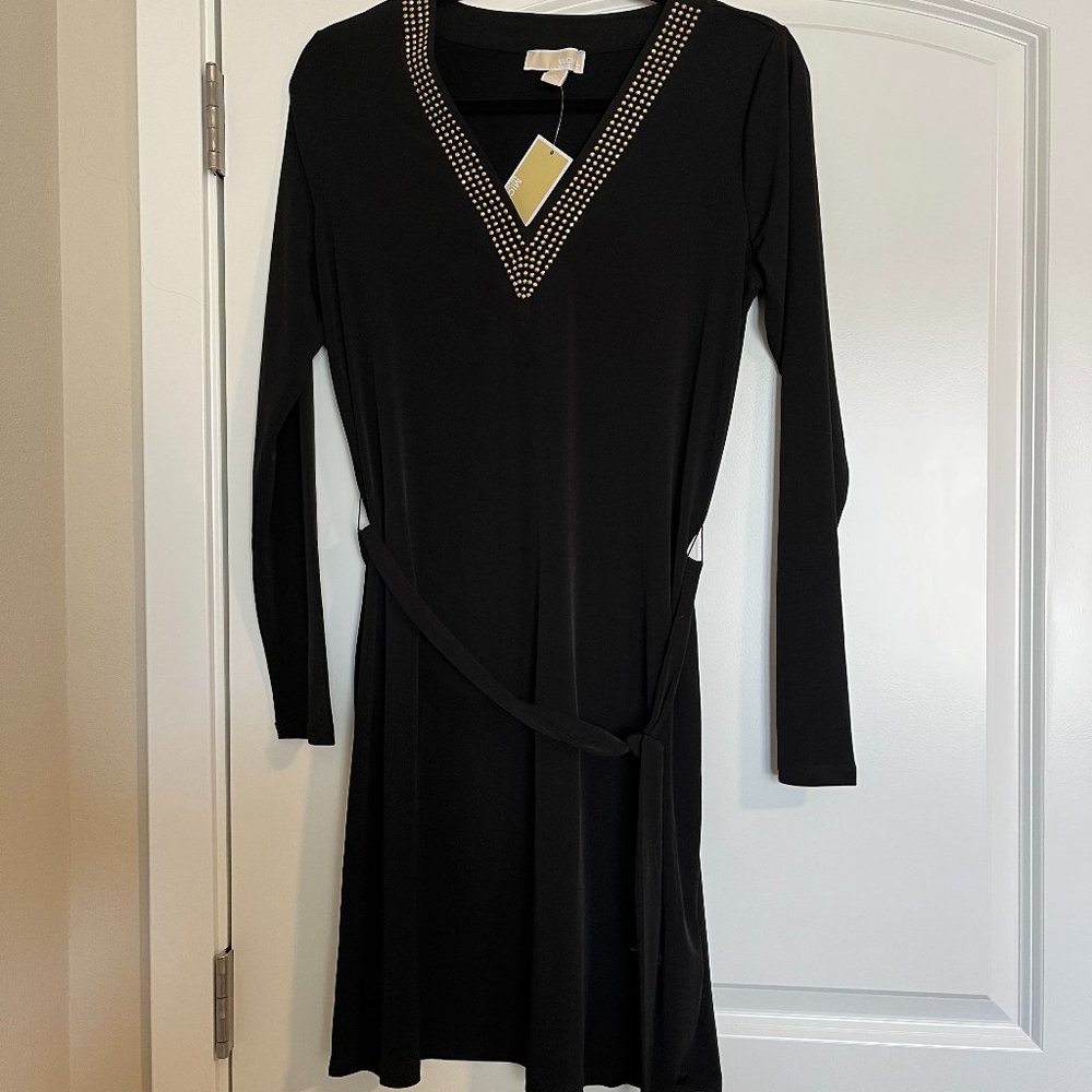 NWT Michael Kors V-Neck Black Dress with Gold Stud Details and Belt